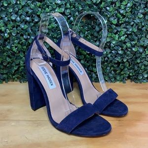 Steve  Block Heel Ankle Strap Leather Dress Sandal | Navy | Size 6